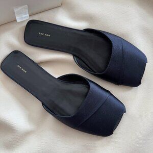 The Row "Milla" Satin Slides in Navy, size 39.5